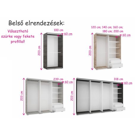 Alfa 180 cm tükrös gardróbszekrény tolóajtós, magasfényű betéttel