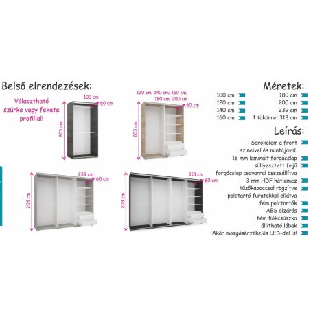Alfa 180 cm kombi tolóajtós gardróbszekrény 
