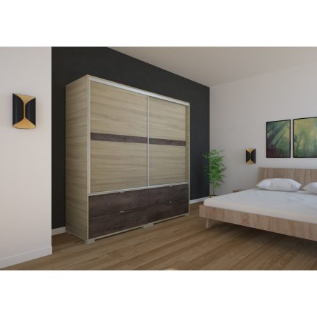 Arcadia 200 cm tolóajtós, fiókos gardróbszekrény