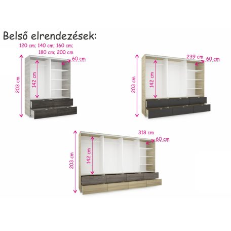 Arcadia 318 cm tolóajtós, fiókos gardróbszekrény 2 tükrös ajtóval