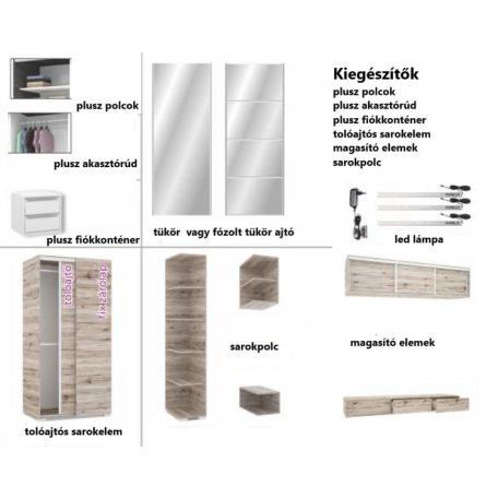 Arcadia 318 cm tolóajtós, fiókos gardróbszekrény 2 tükrös ajtóval